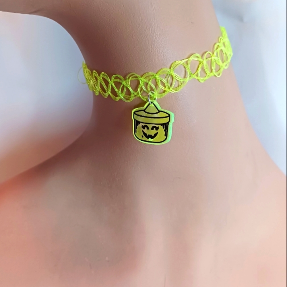 Neon Yello Tattoo Choker Necklace with Green Witch Boo Bucket Charm.